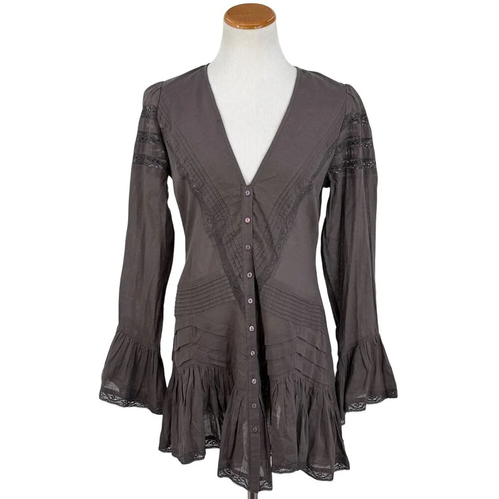 NWOT Free People Lace Tunic Mini Dress | Charcoal Whimsigoth Boho Grunge Fairy S - Picture 2 of 16